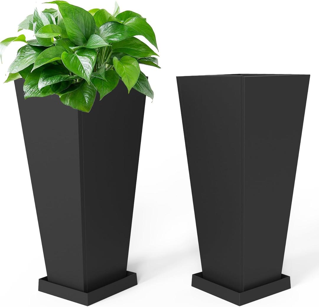 Tall Metal Planter 26" H - 2 Pack, Tall Planters with Removable Insert Shelve & Saucer Trays, Metal Outdoor Planters for Porch, Garden, Patio, Yard(Black) Tall Metal Planter 26" H - 2 Pack, Tall Planters with Removable Insert Shelve & Saucer Trays, Metal Outdoor Planters for Porch, Garden, Patio, Yard(Black)