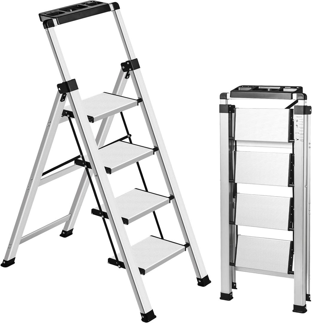 XinSunho 4 Step Ladder, Retractable Handgrip Folding Step Stool with Anti-Slip Wide Pedal, Aluminum Stool Ladders 4 Steps, 330lbs Safety Household Ladder (Silver)