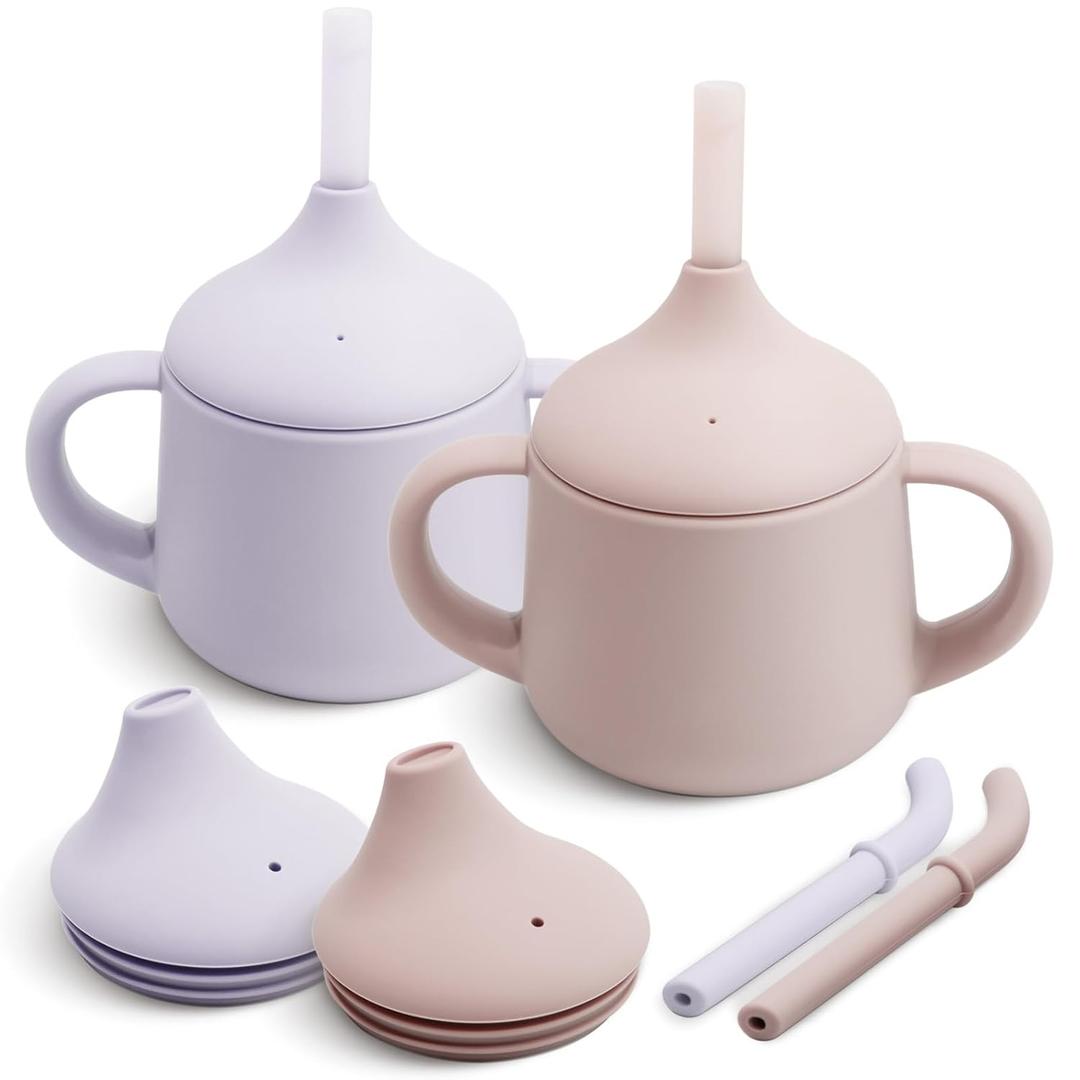 Moonkie Silicone Baby Sippy Cups | 3 Stages Training Cup Straw Cup for Infants Toddlers and Kid | 4 oz 2Pack (Blush + Mauve)