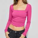 Hafailia Backless Long Sleeve Tops for Women - Casual Y2K Crop Shirts Square Neck Slim Fit Cut Out Workout Tees 2024 Hot Pink XS (Pink, XS)