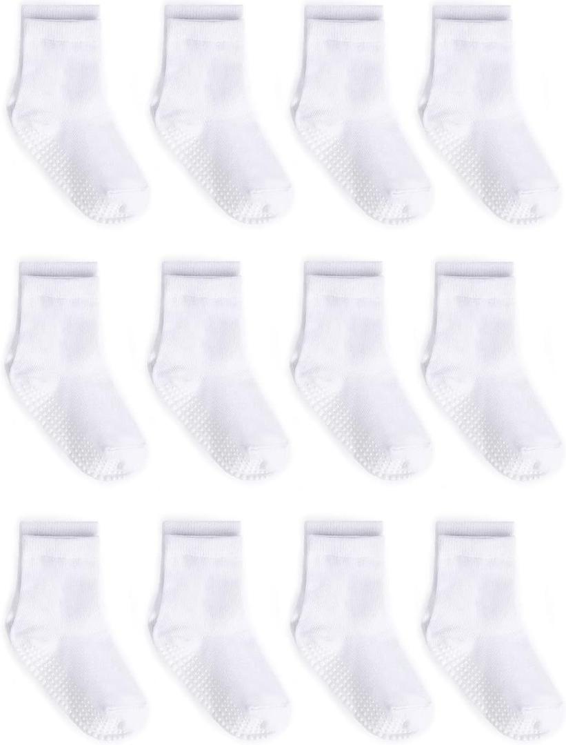 Zaples Grip Crew Socks with Non Slip/Anti Skid Soles for Baby Infants Toddlers Kids Boys Girls (6-12 Months, White)