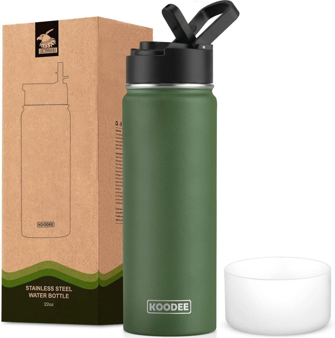 koodee Water Bottle for School 26 oz Stainless Steel Vacuum Insulated Sports Water Bottle for Boys, Reusable Metal Water Bottle with Leak Proof Straw Lid (Grass Green)