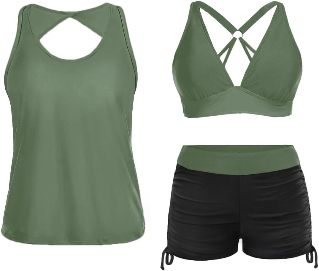 Yonique 3 Piece Tankini Swimsuits for Women Swim Tank Top Bathing Suits with Boy Shorts and Bra Athletic Swimwear (Large, Black & Army Green)