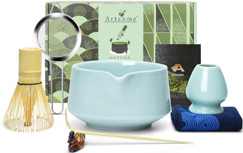 Artcome Matcha Tool Set - Complete Kit with Matcha Bowl with Spout, Bamboo Whisk, Tea Scoop, Whisk Holder, Scoop Holder, Tea Cloth & Powder Strainer, Celadon Blue
