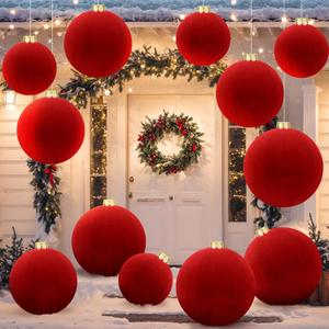 Jenaai 12 Pcs Giant Inflatable Velvet Christmas Ball Ornaments 9", 12", 16" Large Xmas Inflatable Balls Blow up Flocked Christmas Ornaments for Holiday Outdoor Indoor Lawn Porch Decor(Red)