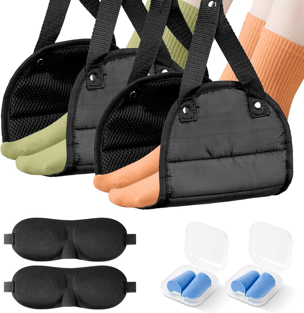 2 Pack Airplane Foot Rest,Portable Airplane Foot Hammock for Under Desk at Work to Relax Your Feet,Adjustable Memory Foam Foot Rest for Air Travel with Ear Plugs and Eye Mask
