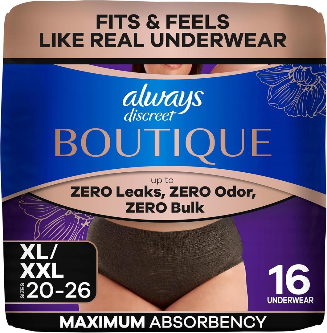 Always Discreet Boutique Incontinence and Postpartum Underwear for Women, Maximum Protection, Extra Large, Black, 16 Count