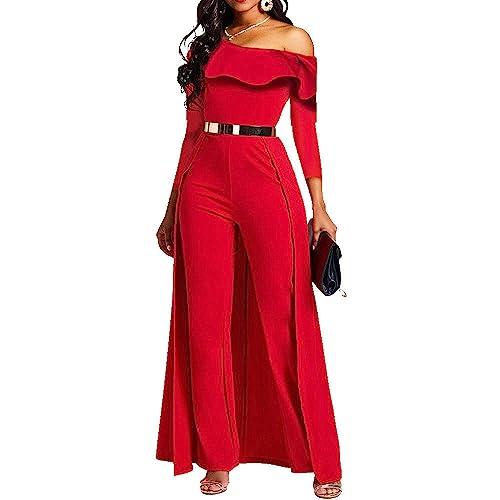 VERWIN Patchwork Overlay Embellished Plain Women's Jumpsuit High-Waist Woman Romper (X-Large, Red Ruffle)