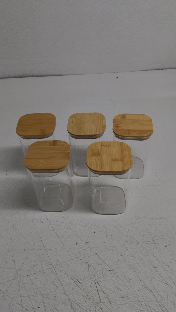 Glass Food Storage Jars 37 oz Set of 5, Glass Storage Containers Clear Glass Food Canister with Bamboo Lid Airtight For Serving Tea, Coffee, Flour, Sugar, Candy, Cookie, Spice and More (Square)
