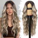 Eawwii Ombre Ash Brown with Platinum Blonde Wig for Women Long Wavy 4x1 Lace Natural Hairline Glueless for Beginners Middle Part Synthetic for Daily Party Use 26Inch