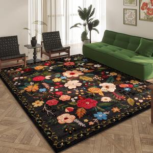 Rugcomf Area Rugs 8x10 Rug for Living Room Clearance Washable Boho Area Rug Non Slip Floral Vintage Low Pile Large Rug for Living Room, Bedroom, Farmhouse, Dining Room, Kids Playroom(Black)