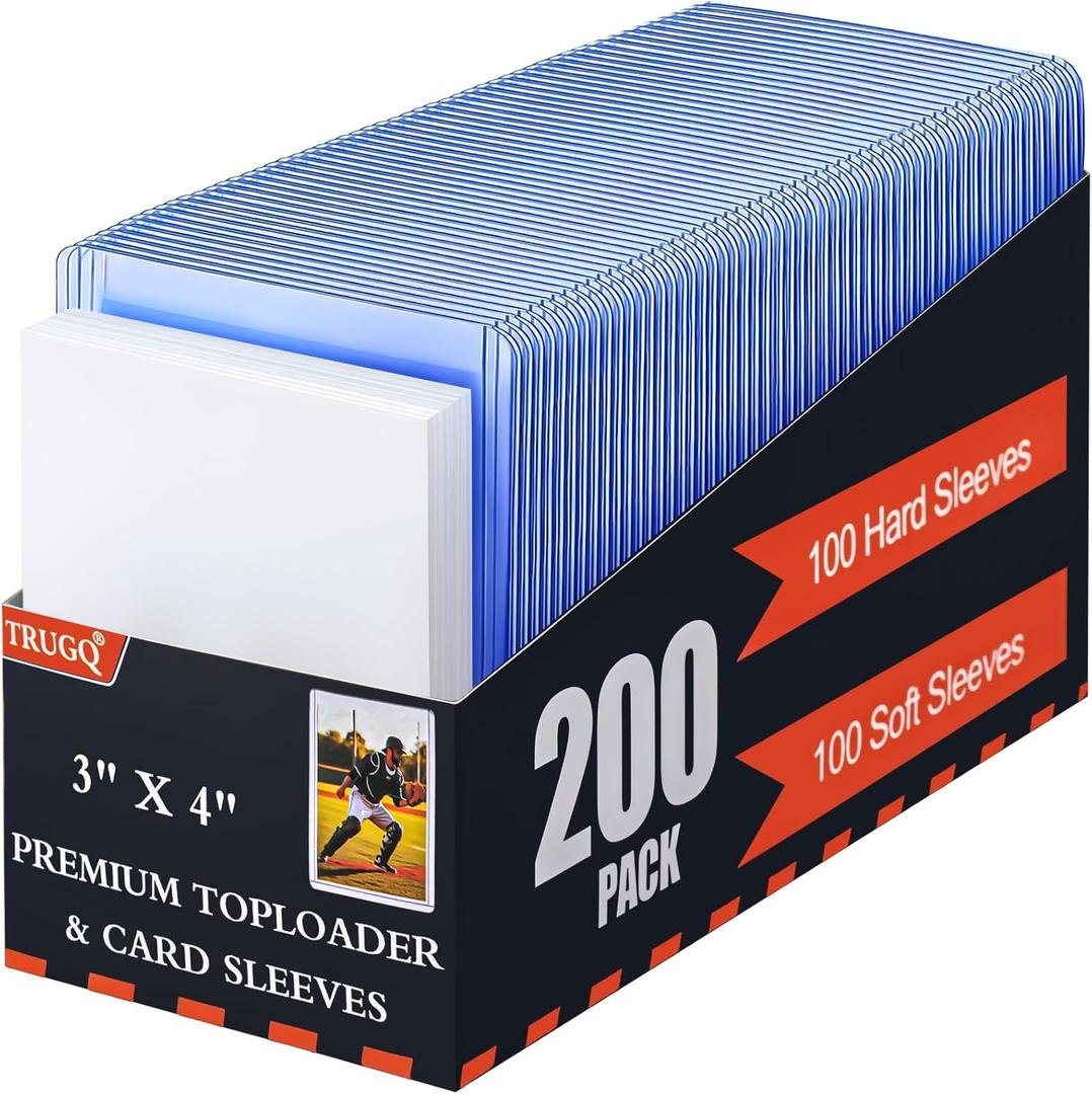 200 Card Sleeves Toploads for Cards,3" x 4" Baseball Card Protectors,Premium Standard Size Trading Hard Plastic Card Holder for Sports Football Cards(100 Hard Protectors +100 Soft Sleeves)