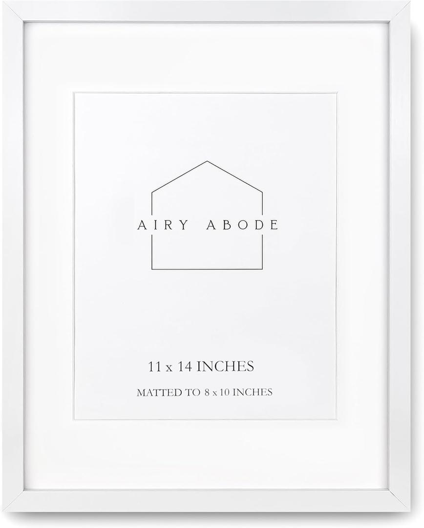 Airy Abode Premium White Wood Picture Frame 11x14 Matted to 8x10 - Pick Your Size and Color