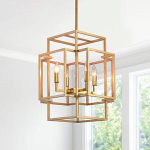 16.5" Gold Chandelier, 4-Light Industrial Lantern Ceiling Pendant Light Fixture, Modern Foyer Lighting Fixtures, Large Chandelier for Entryway, Farmhouse Pendant Lights for Dining Room, Staircase