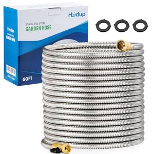 60FT Stainless Steel Metal Garden Hose, Heavy-duty, Kink-Free & Tangle-Free, Flexible with Brass Fittings, On/Off Valve, Pet Proof, Puncture Proof for Yard, RV, Car Washing (Silver)