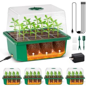 YAUNGEL 4 Pack Seed Starter Tray with Self-Heating, Seed Starter Kit with High Humidity Control Domes, Seedling Starter Trays for Indoor Gardening Plant, Green