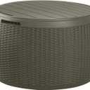 Keter Circa 37 Gallon Resin Deck Box Stool, All-Weather Outdoor Storage Seat with Rattan-Look Finish, Durable Patio Storage Bench for Cushions, Garden Tools, Pool Accessories