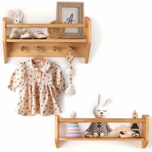 BINGY Nursery Book Shelves - Set of 2 Wall Shelves with Hooks for Clothes - 2-Tier Nursery Bookshelves Made from Solid Wood - 15.71" x 4.8" x 5.5" - Natural Wood (Pine)
