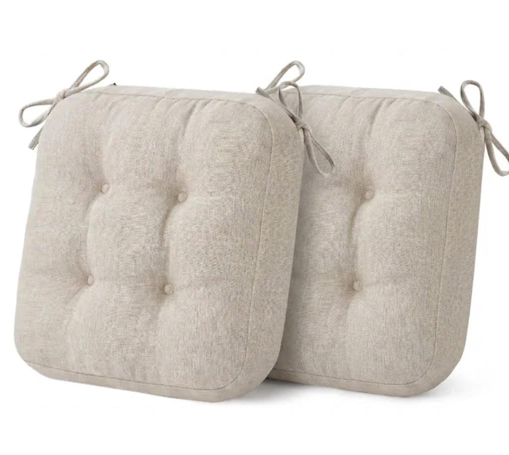 Dining Chair Cushions 2 Pack, Thick Memory Foam Kitchen Seat Pads | 3.5-inch triple-layer comfort, Non-slip backing, Secure ties, Removable washable covers, 16.5"x16.5" D-shaped, Beige