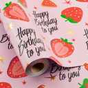 Afucus Birthday Wrapping Paper - Mini Roll, Strawberry, Happy Birthday Text, Cake & Star Design, Pink, Suitable for Boys & Girls, Party & Baby Shower (17 Inch x 33 Feet)