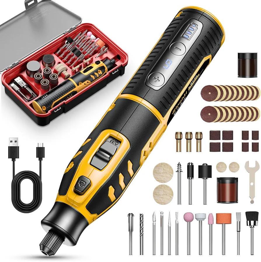 Upgrade 8V Rotary Tool Kit, 25000 RPM High-Performance Multi-Tool with 71 Accessories & 6-Speed Settings, Cordless Engraving Tool for Polishing, Grinding, Sanding, Drilling, Wood Carving, DIY Crafts