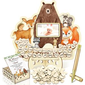 Wenqik 63 Pcs Woodland Animal Baby Shower Guest Book Alternatives Set Baby Shower Decorations with Photo Frame Sonogram Frame Keepsake 60 Wood Slices Guest Book for Birthday