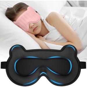 3D Kids Sleep Mask Cute Bear Eye Mask for Sleeping, Comfortable Memory Foam Sleep Mask for Kids, Adjustable Strap and Lightweight Sleeping Mask for Boys Girls Teens Ages 5-15 (Pink)