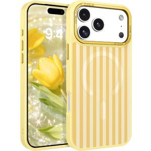DOMAVER for iPhone 17 Pro Max Case Cute Striped Phone Case Compatible with MagSafe, Slim Translucent Aesthetic Protective Bumper Shockproof Cover for Women Girl for 17 Pro Max 6.9", Yellow