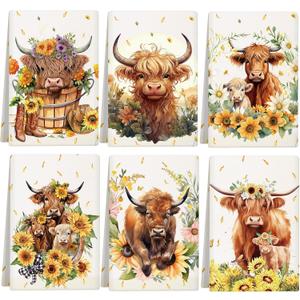 Redbaker Set of 6 Highland Cattle Kitchen Towels Highland Cow Themed Dish Towels Absorbent Farm Cattle Watercolor Floral Tea Hand dishcloths Housewarming Gift for Farmhouse Kitchen(Vintage,Sunflower)
