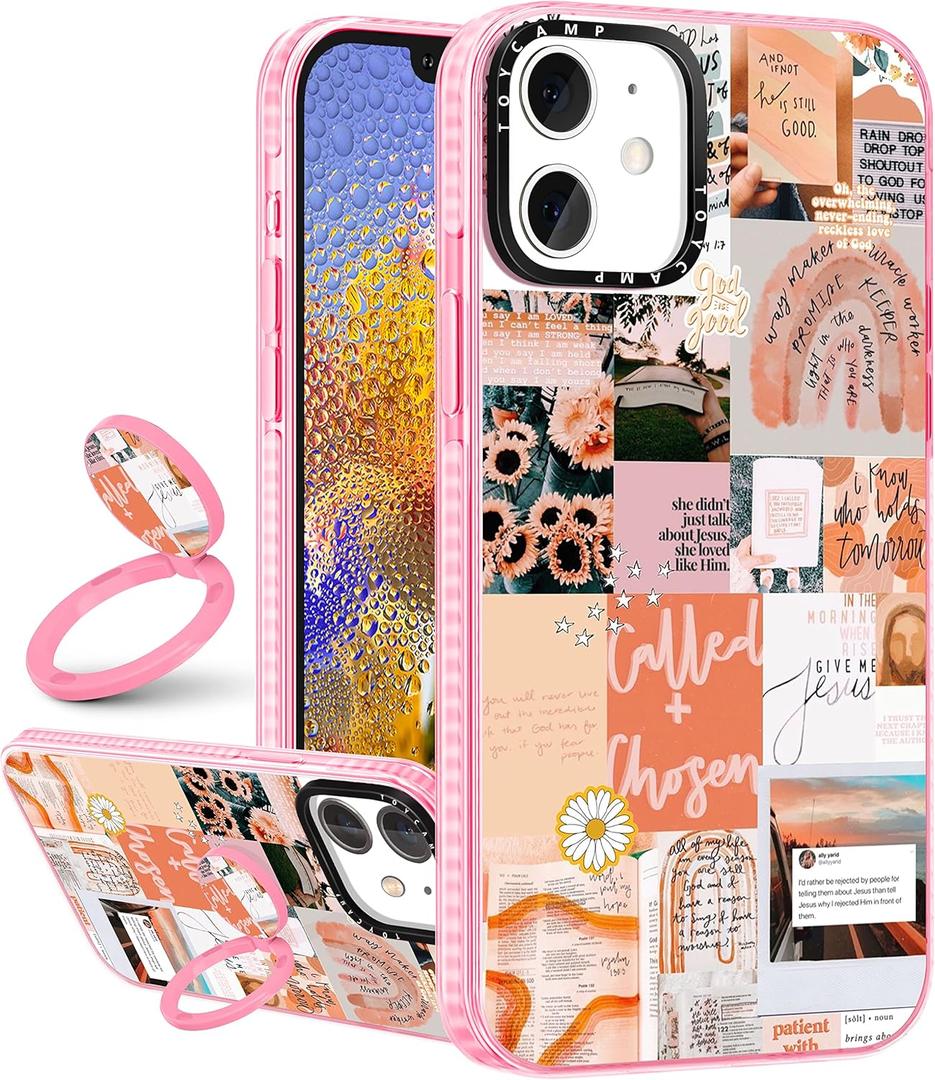 Toycamp for iPhone 12/12 Pro Case for Women, Vintage Collage Art Design, Girls Teens Cute Print Case with Ring Kickstand Cover for iPhone 12/12 Pro (6.1 Inch) (Pink Quotations)