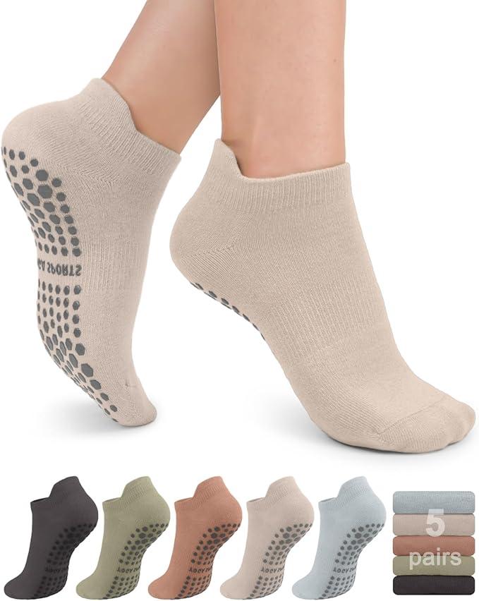 5 Pairs Pilates Grip Socks Yoga Socks with Grips for Women, Non-Slip Athletic Socks for Ballet, Dance, Workout, Hospital
