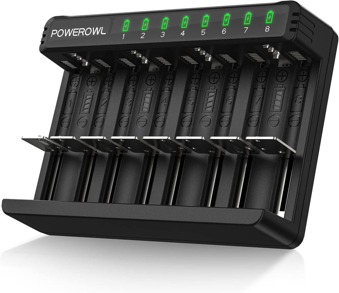 POWEROWL 8 Bay AA AAA C D Battery Charger, USB High-Speed Charging, Independent Slot, for Ni-MH Ni-CD Rechargeable Batteries