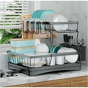 7 code Large Dish Drying Rack, 2-Tier Dish Racks for Kitchen Counter, Detachable Large Capacity Dish Drainer Organizer with Utensil Holder, Dish Drying Rack with Drain Board