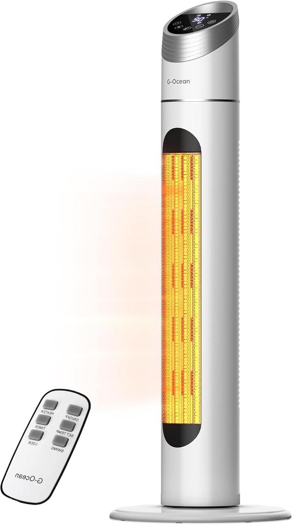 Space Heater, 34" Space Heater for Large Room with Remote, 1500W Tower Heater with 12H Timer, 70° Oscillating, Adjustable Thermostat, Overheating & Tip-over Protection, Indoor Use, White