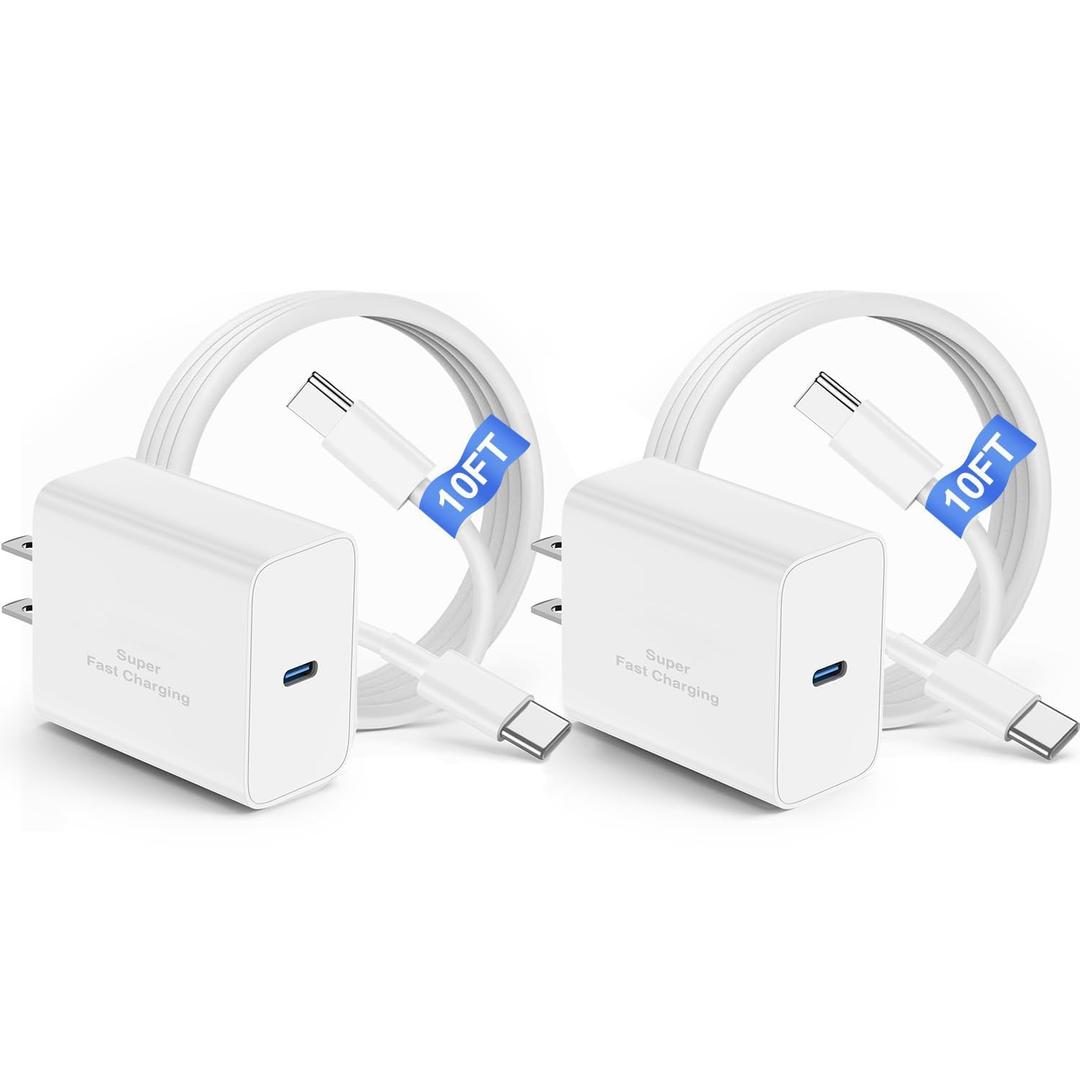 2Pack iPhone 17 16 15 Charger Fast Charging,USB C Super Fast Charger Block and Long Type C to C Cable Cord 10ft for Apple iPhone 17 Pro Max/17 Air/16 Pro/16 Pro Max/15 Plus/15 Pro/iPad Plug Cube