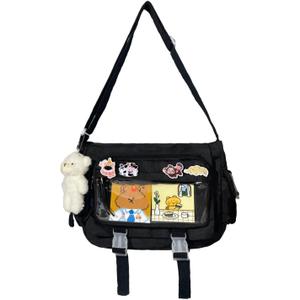 Ita Bag Japanese Messenger Bags Kawaii Crossbody Bag Anime Purse With Cute Pins Y2k For Women Men (Black)