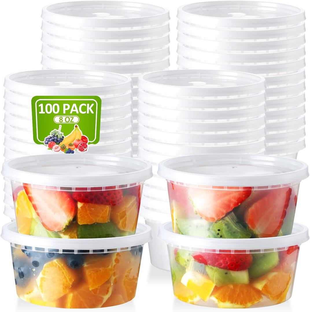 100 Set 8 oz Deli-Containers-with-Lids-Airtight-Plastic-Food-Storage-Containers-with-Lids-Soup-Slime-Overnight-Oat-To-Go-Containers (8 oz (100 Sets))