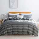 JELLYMONI 100% Natural Cotton 3pcs Striped Duvet Cover Sets, Dark Grey with White Stripes Pattern Printed Comforter Cover, with Zipper Closure & Corner Ties(Queen Size)