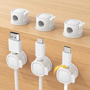 6Pack Rotatable Cord Organizer, INCHOR Cable Organizer, Spring Cable Clips With Clasp Lock, Smooth Adjustable Cord Holder for Nightstand Car Home Office (White)