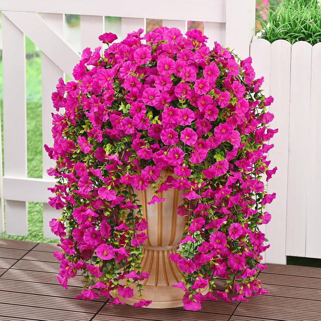 MARTINE MALL 4 Pcs Look Real Artificial Flowers for Outdoors, Realistic Artificial Hanging Flowers for Outdoors, UV Resistant Fake Hanging Plants Silk Petunia Faux Flowers for Porch Patio, Fuchsia
