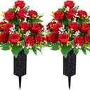 LVXINLI 2 Sets Artificial Cemetery Flowers,Memorial Flowers,Beautiful Arrangements for Headstones,Black Plastic vase with Drainage Hole Long Spikes Outdoor Memorials (red)