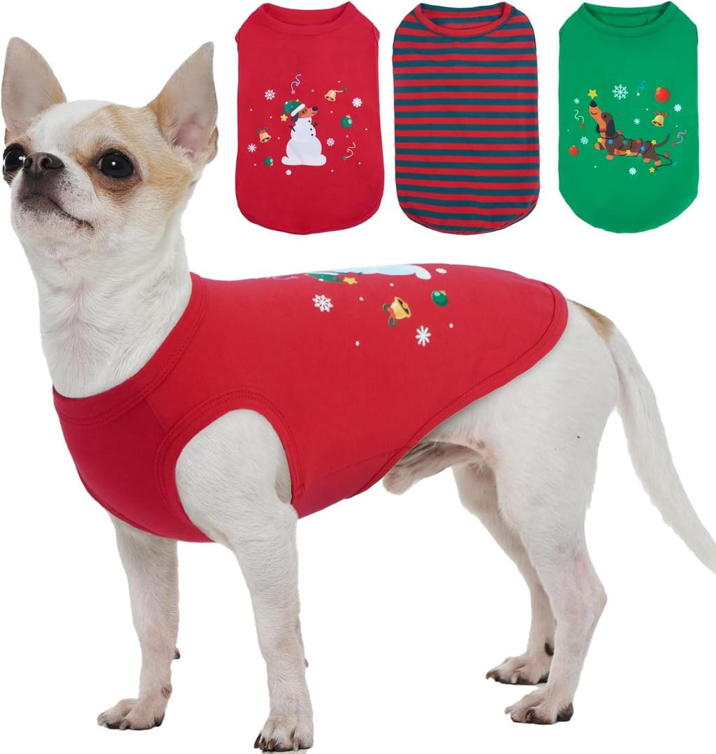 3 Pack Christmas Dog Shirts for Small Dogs,Snowman Dachshund Print T-Shirt,Lightweight Sleeveless Vest,Winter Indoor & Soft Inner Wear,Festival Party Funny Outfits (Red&Green,S)