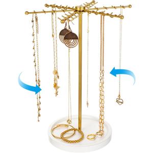 Rotating Necklace Holder Jewelry Stand, Gold Necklace Organizer Display with 48 W-shaped Hooks,Jewelry Organizer for Necklaces Earrings Rings Storage Tree, Presents for Women