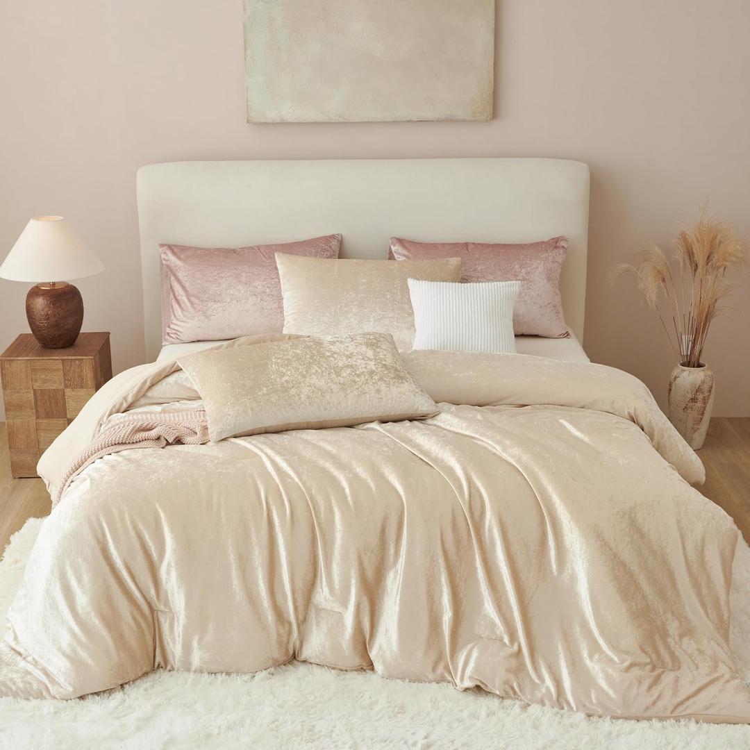 Beige Comforter Set Twin Size 2 Pieces,Crushed Velvet Bedding Set Soft Brushed Microfiber Reverse,All Season Cozy Fluffy Comforter Bed Set for Girls,Sparkling Comforter and 1 Pillowcase (Champagne)
