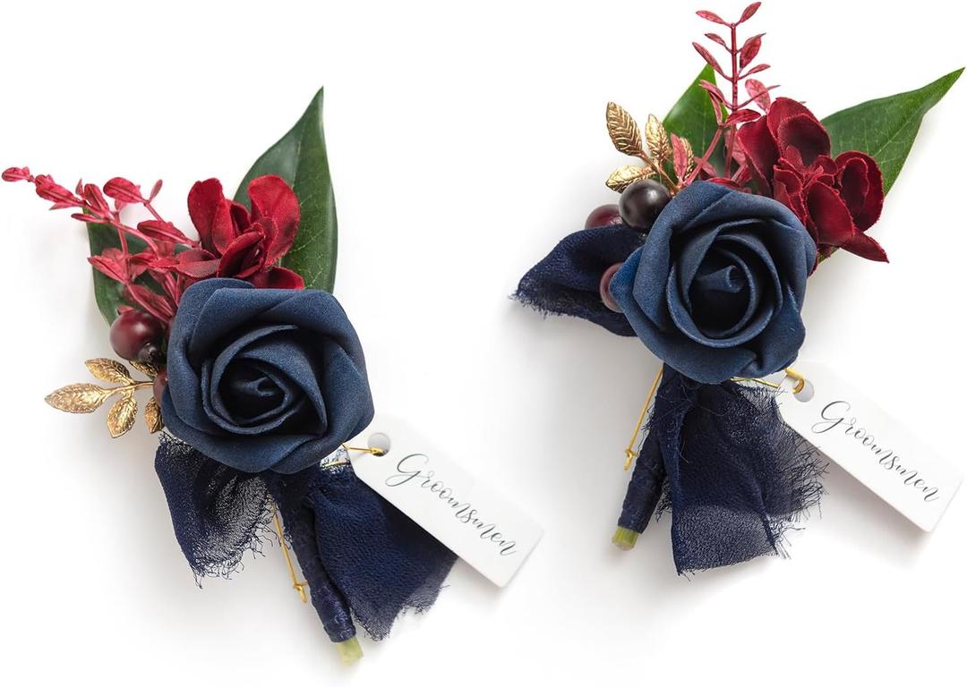 Ling's Moment Boutonniere for Men, 2pcs Groom Groomsmen Guest Boutonniere, Artificial Flowers for Wedding/Prom/Homecoming, etc.Navy Blue Burgundy