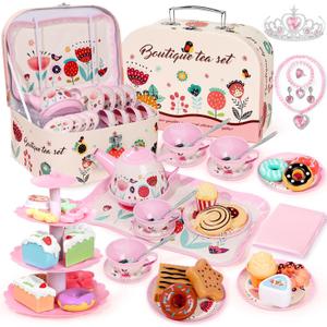 Tea Party Set for Little Girls, 49PCS Princess Tea Time Toys Including Tea Set Dessert Carrying Case, Kids Kitchen Pretend Playset, Montessori Toys for Toddlers 3 - 8 Year Old Girl Birthday Gifts