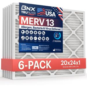 BNX TruFilter 20x24x1 Air Filter MERV 13 Smoke, Allergy, Pet Defense 6-Pack