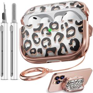 Inesore for AirPods Pro 3 Case 2025 with Lock, for Women Girly Floral Clear Case Compatible with Apple Airpods Pro 3rd Generation Cover, with Phone Stand,Keychain & Cleaner Kit - Leopard Print