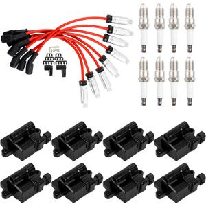 HQPASFY Ignition Coil UF271 & Iridium Spark Plug & Wires Set of 8 Compatible With 1999-2007 Chevy Avalanche Chevy Express Silverado 1500 2500 3500, Gmc Sierra Yukon 4.8L 5.3L 6.0L (Square coils)