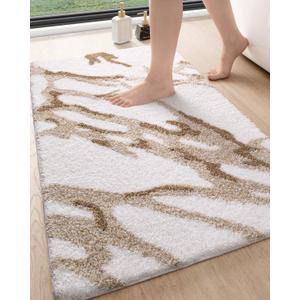 DEXI Soft Plush Bathroom Mat, Non Slip Washable Bath Rug, Absorbent Bathmat for Shower Tub Sink Toilet, 24x43, White and Beige